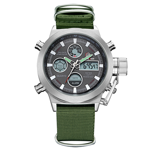 Sport Green Man Watches Affichage a LED Sport Montre numerique Bracelet en nylon Double affichage Montre