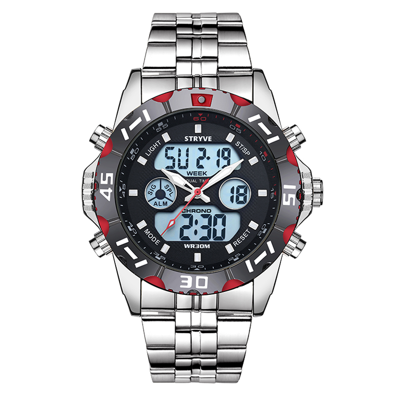 Montre double affichage sport chronographe reveil calendrier montre numerique en acier inoxydable pour les hommes