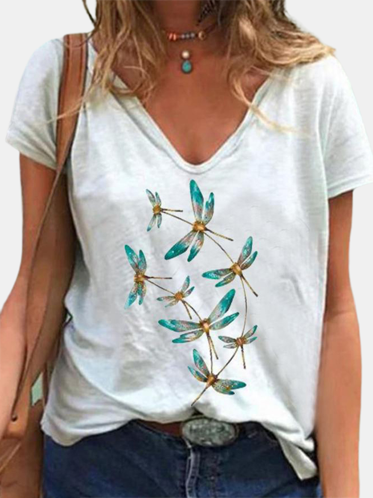 Dragonfly Print Kurzarm-T-Shirt mit V-Ausschnitt und V-Ausschnitt für Damen