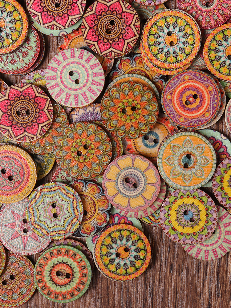 100pcs rétro fleur ronde boutons en bois bohème 20 / 25mm décoration couture butons