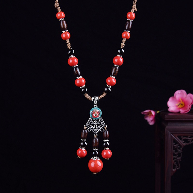 Ethnique long collier ceramique collier retro litteraire chandail femmes colliers