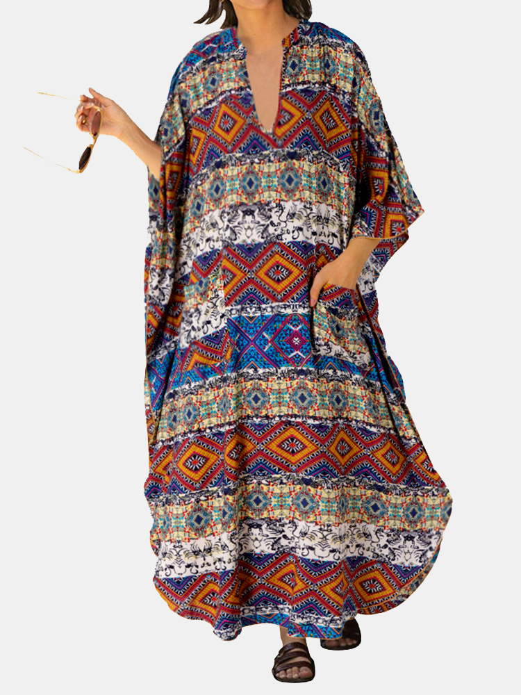 Ethnic Print Batting Sleeve Loose Vintage Maxi Kleid Für Damen