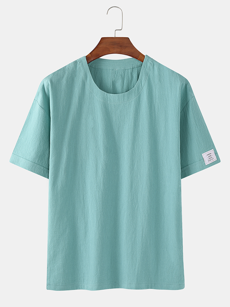 Herren Baumwolle Leinen 8 Farben Solid Round Neck Loose Kurzarm Casual T-Shirt