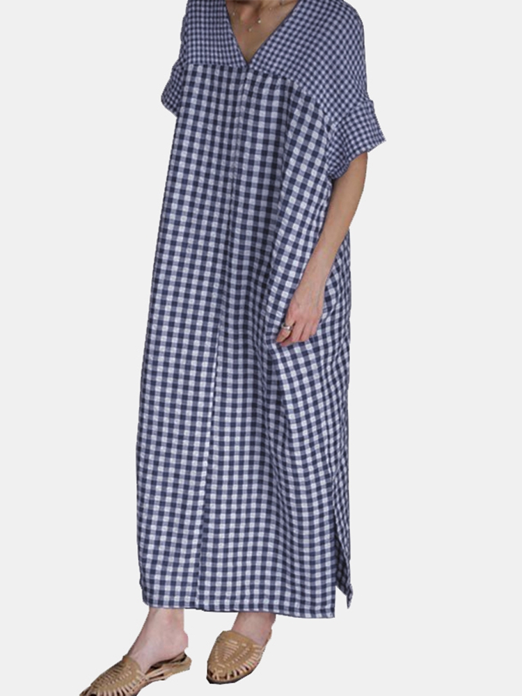 Plaid Print Patchwork Short Sleeve Maxi Dress For Women