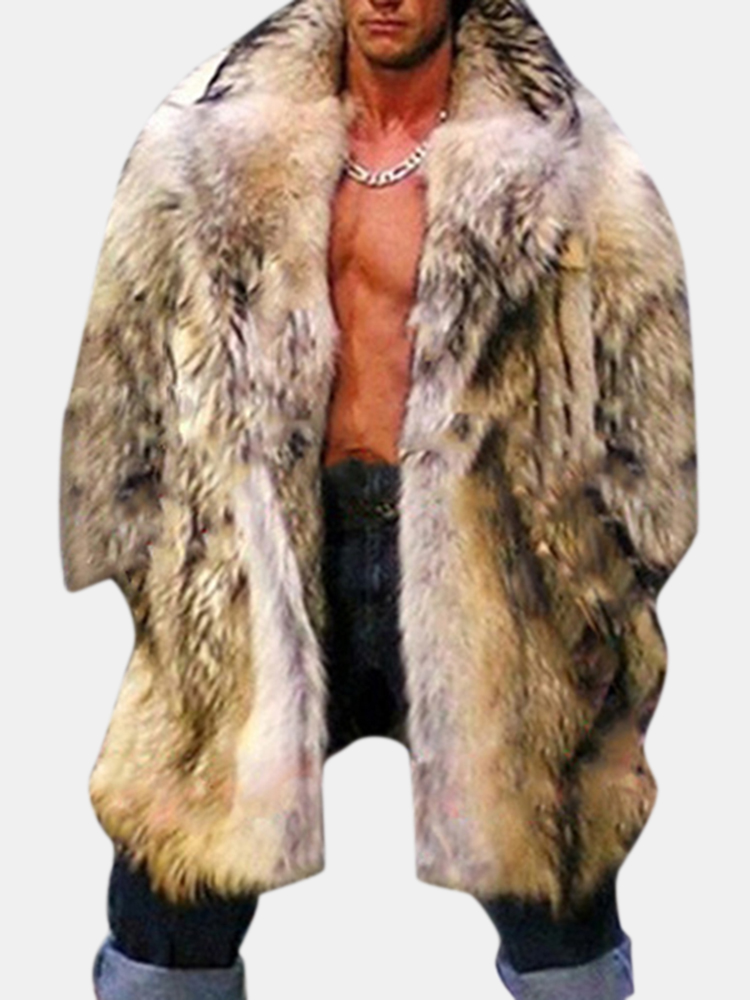 Bilde av Mens Faux Raccoon Fur Trench Coat Mid Long Thickened Warm Fur Suit Collar Casual Coat
