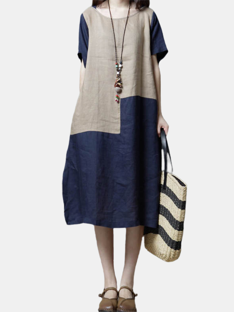 Vintage Patchwork Kurzarm O-Ausschnitt Midi Kleid