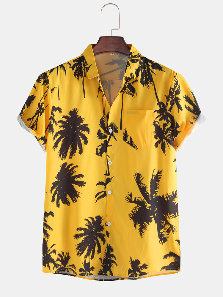Herren Cool Tropical Printed Brusttasche Turn Down Kragen Kurzarm Shirts
