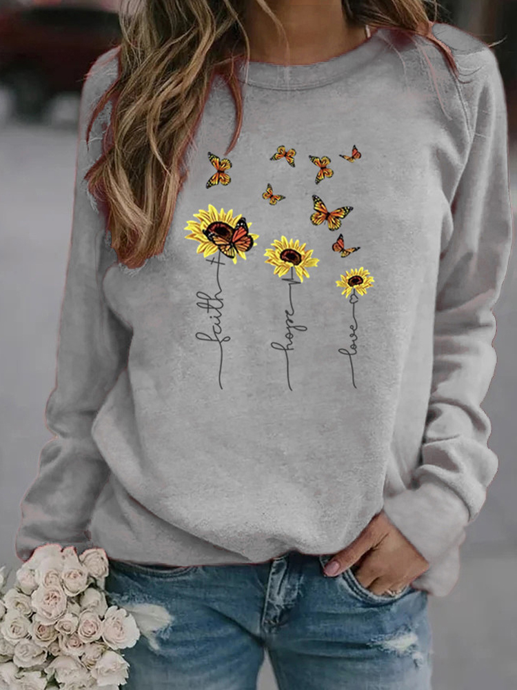 Schmetterlinge Blumendruck Langarm Casual Sweatshirt Für Damen