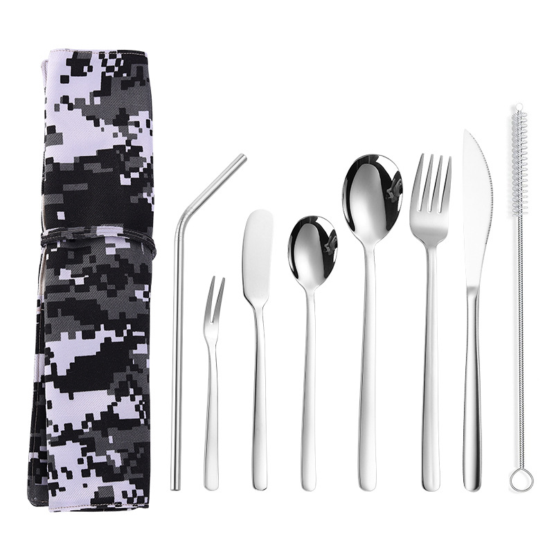  304 cuilleres en acier inoxydable couteau et fourchette ensemble sac de vaisselle occidental de camouflage portatif exterieur 