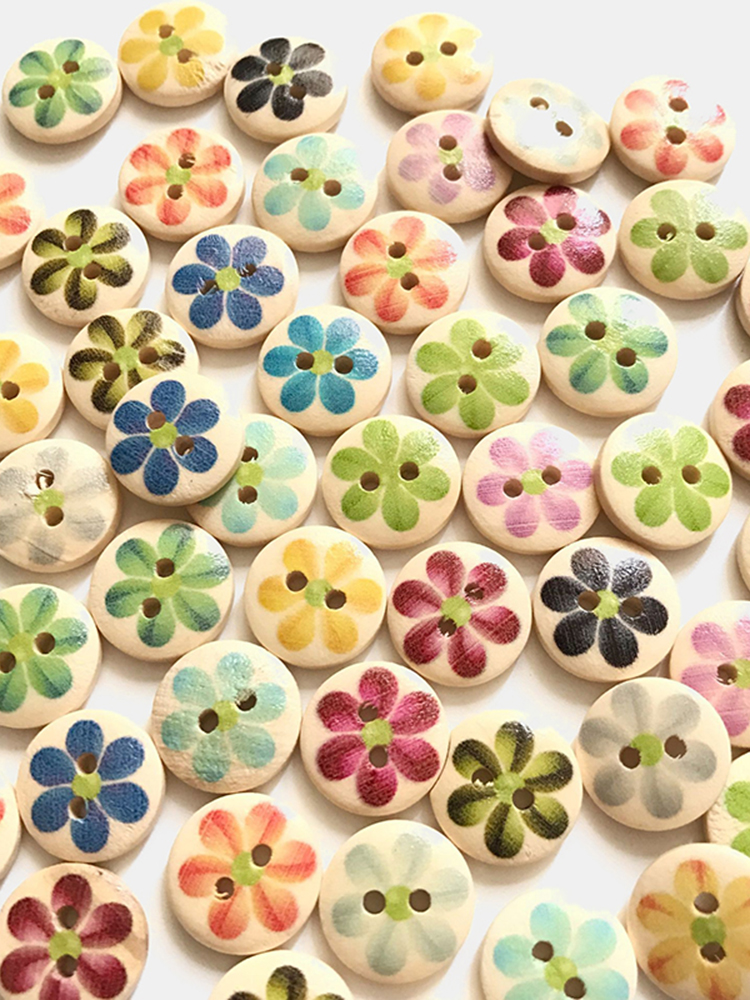 Bilde av 100 pcs Cute 15mm Printed Flowers Wooden Buttons Children's Clothing Accessories Buttons