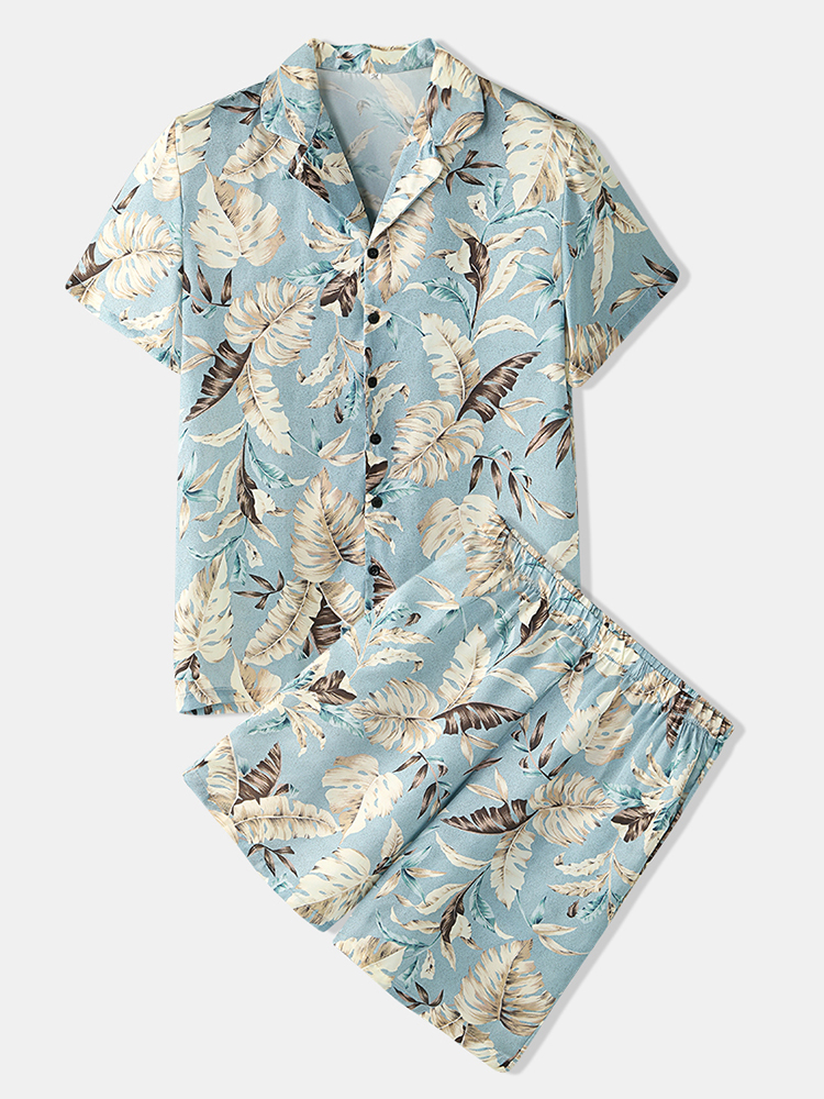 Männer Tropical Leaves Print Loungewear Zweiteilige Pyjamas aus Kunstseide Lapeal Collar Thin Nightwear