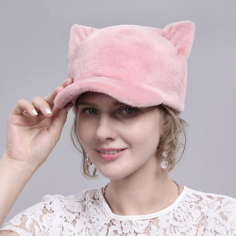 Les femmes rechauffent les oreilles de chat mignon mouton bonnet de fourrure cisaillee en plein air occasionnel bonnet de canard