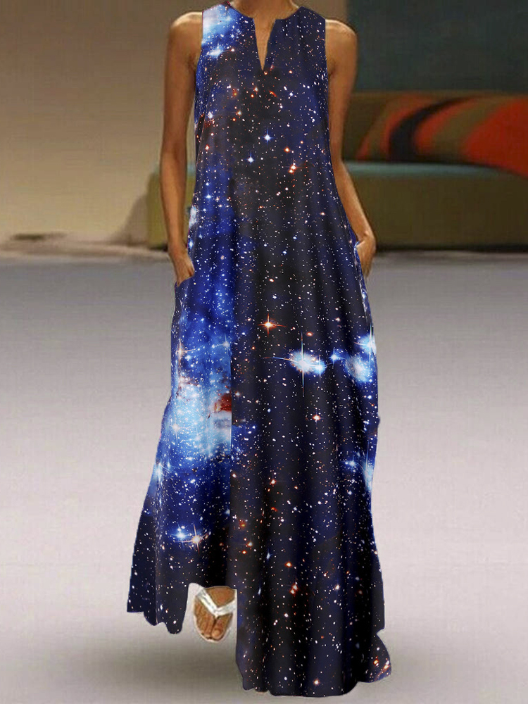 Starry Sky Bedruckter ärmelloser Maxi mit V-Ausschnitt Kleid Mit Tasche