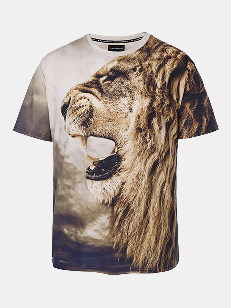 Tee shirt decontracte dete a col rond imprime par le lion 3D a manches courtes pour hommes