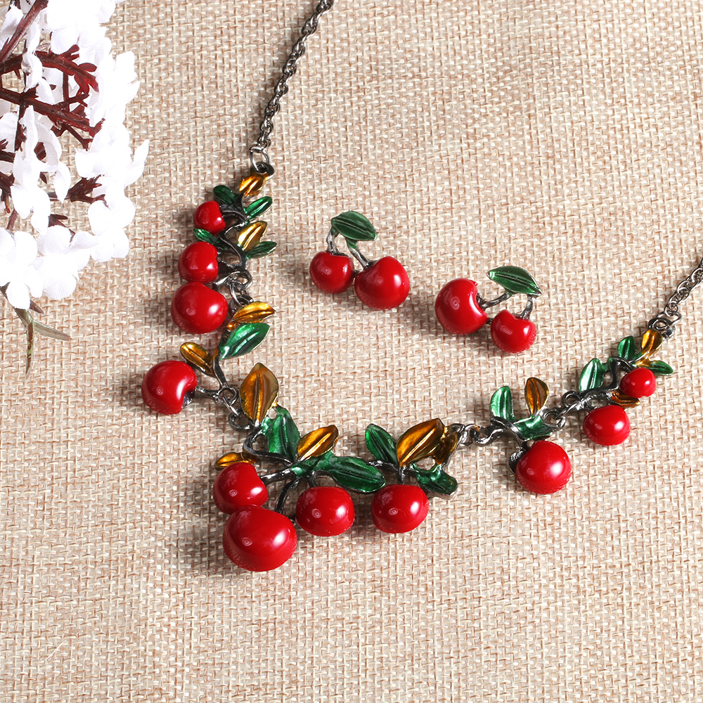 Elegant rouge cerise boucles doreilles collier ensembles de bijoux lustre pompon boucles doreilles cadeau pour les femmes