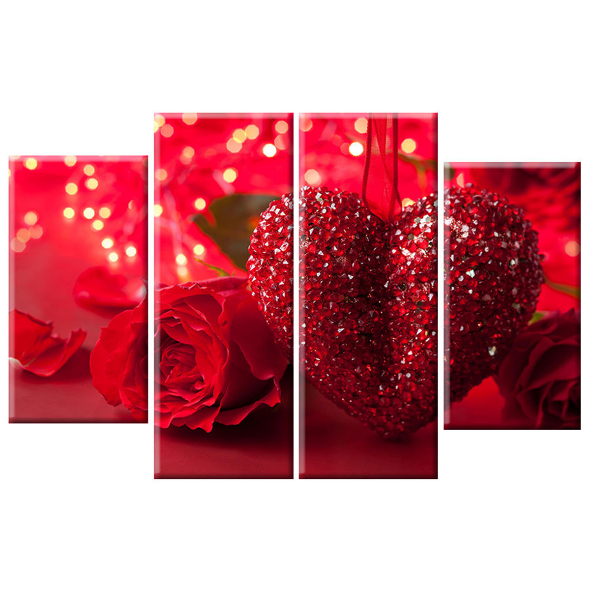 4Pcs Red Heart Love Floral Flower Rose Pattern Canvas Wall Art Image 4 Panel Gift Wall Hanging