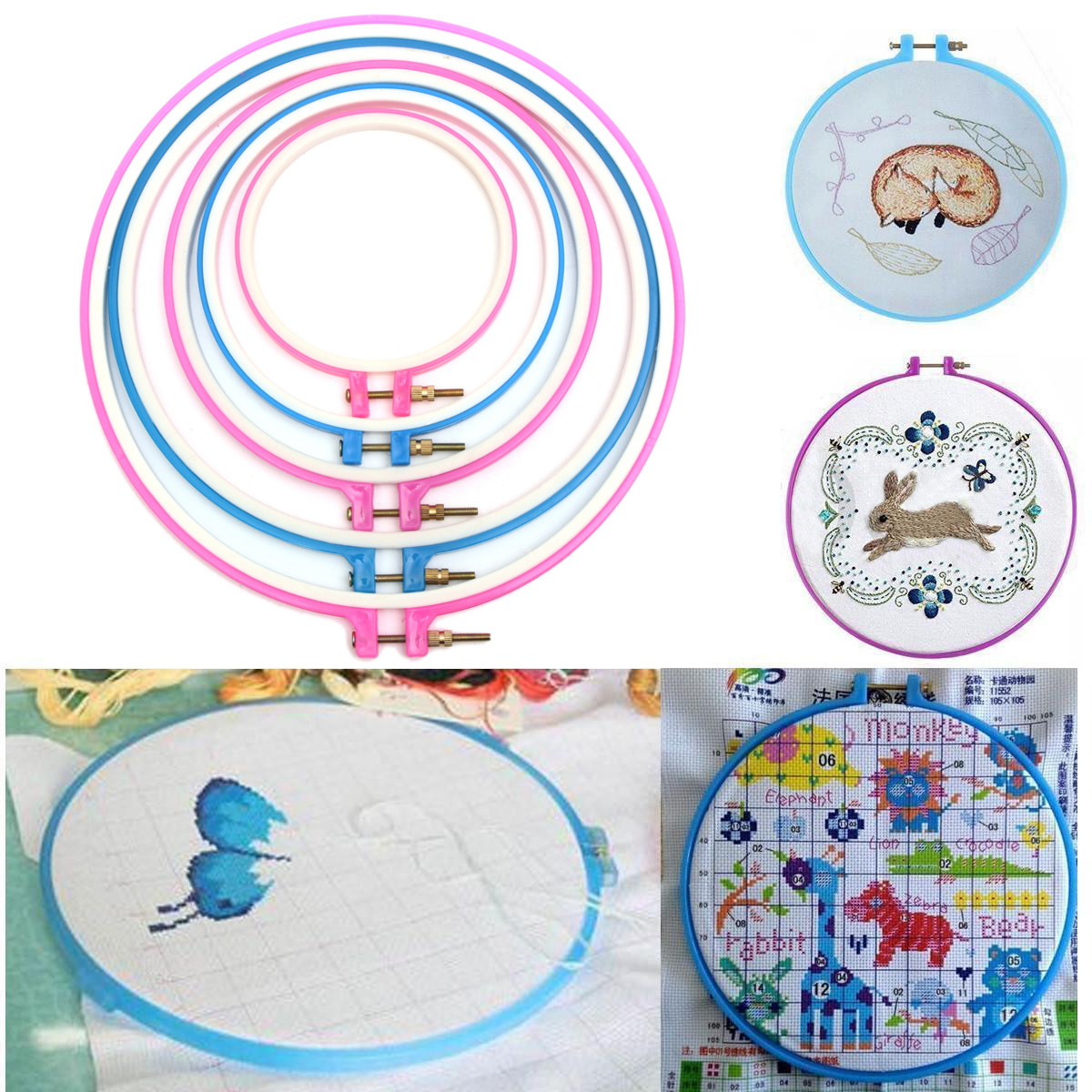 5 PCS Plastic Embroidery and Cross Stitch Hoop Set Adjustable Needlecraft Sewing Tools