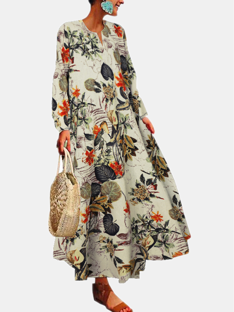 Blumendruck V-Ausschnitt Long SLeeves Casual Kleid