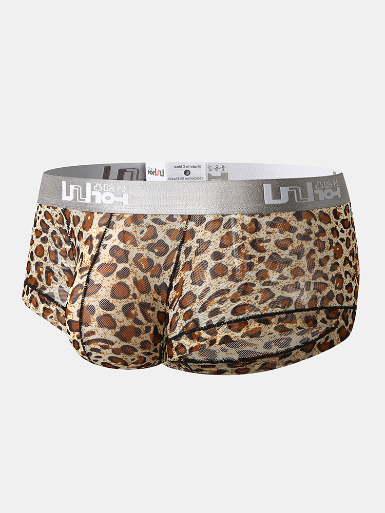 Herren Sexy Leopard Unterwäsche Nylon Atmungsaktive Patchwork Brief Taille Boxershorts