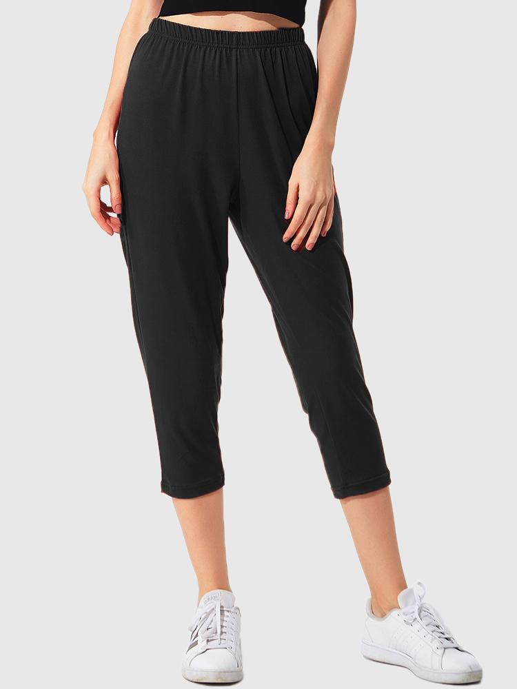 Plus Größe Damen Baumwolle Solid High Elastic Cropped Pants Home Pyjamas Hosen