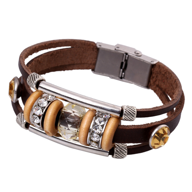 Bracelet Vintage en Cuir Veritable Style Punk avec Perles et Diamants Fantaisie Cadeau pour Elle