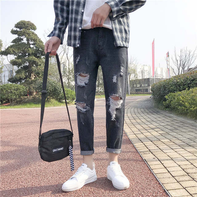 Pantalons pour hommes de style Hong Kong de tendance tendance Ulzzang Etudiants Pieds Pieds Jeans Pantalons pour hommes