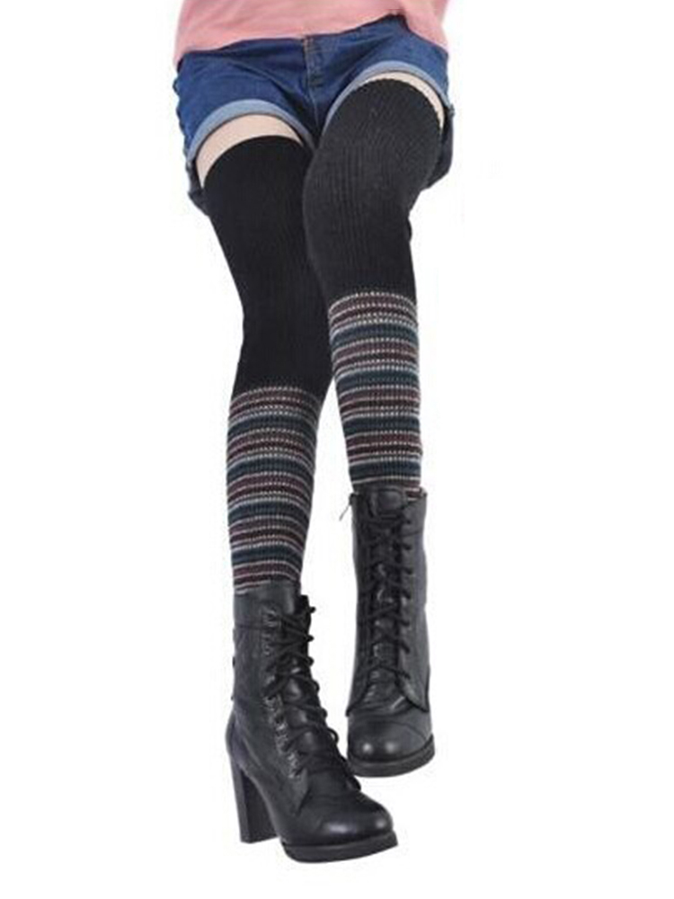 Damen Kompressionsstrümpfe Rainbow Splicing Lange Socken Wollstrick über dem Knie Strümpfe