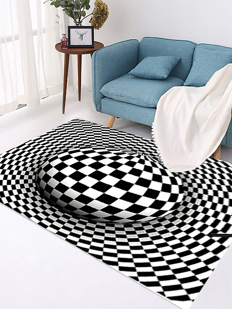 Runder Teppich, Karierte Wirbel Optische Täuschungen Rutschfester Teppich, Durbale Anti-Rutsch-Bodenmatte Vlies Schwarz Weiß Fußmatte, für Wohnzimmer 