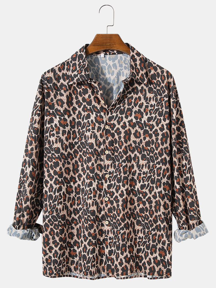 Mens Leopard Print Casual Lapel Collar Loose Fit Holiday Long Sleeve Shirts