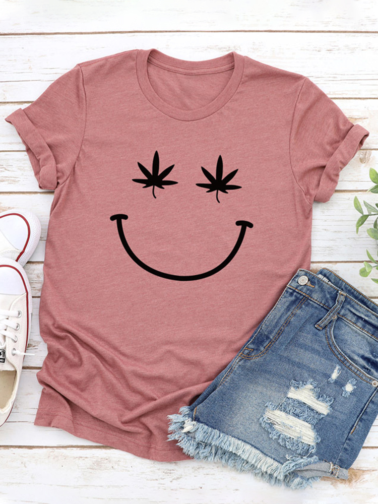 T-shirt da donna con scollo a manica corta stampata con sorriso