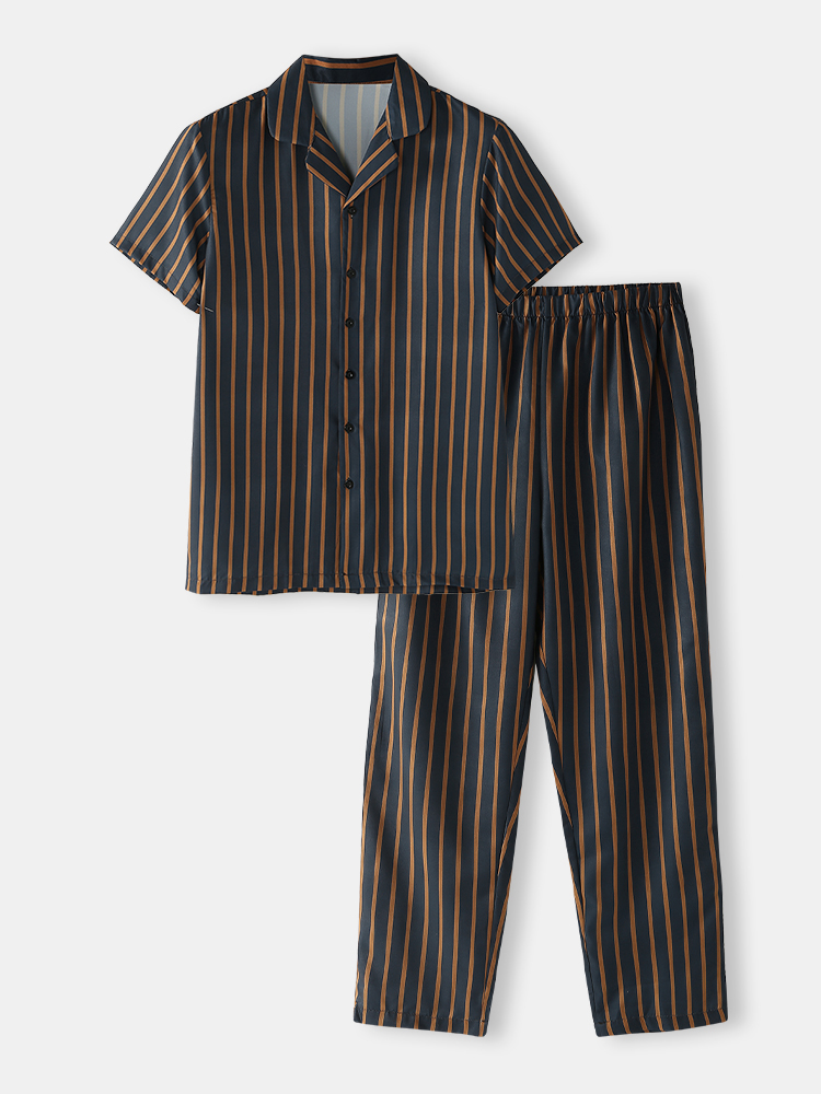 Herren Black Stripe Business Style Ansteckkragen Cosy Faux Silk Kurzarm Homewear Sets