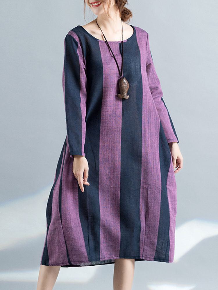 Femmes litteraires Long Sleeve Stripe Patchwork Print Dresses