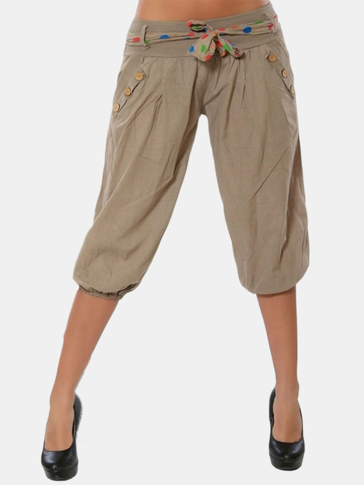Boutons de couleur pure occasionnels Pantalon taille basse