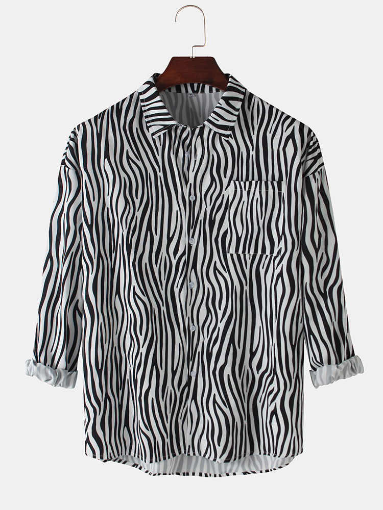 Mens Zebra Printing Cotton Casual Long Sleeve Shirts With Pocket