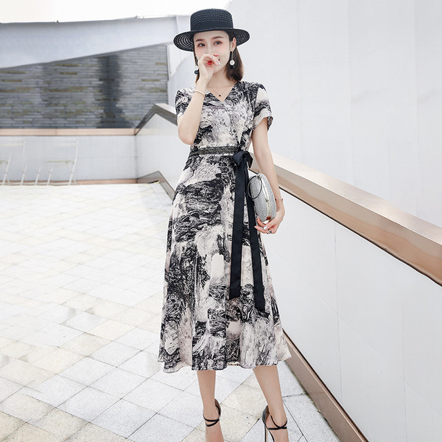 Jupe Saison feminine nouvelle mode temperament elegant retro encre Imprimer Slim Slim taille haute robe