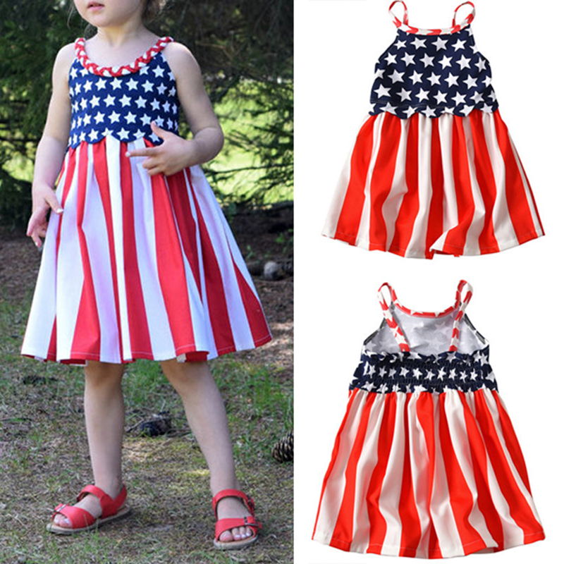 Toddlers Girls drapeau americain Independence Day imprime robe plissee sangle pour 1Y 5Y