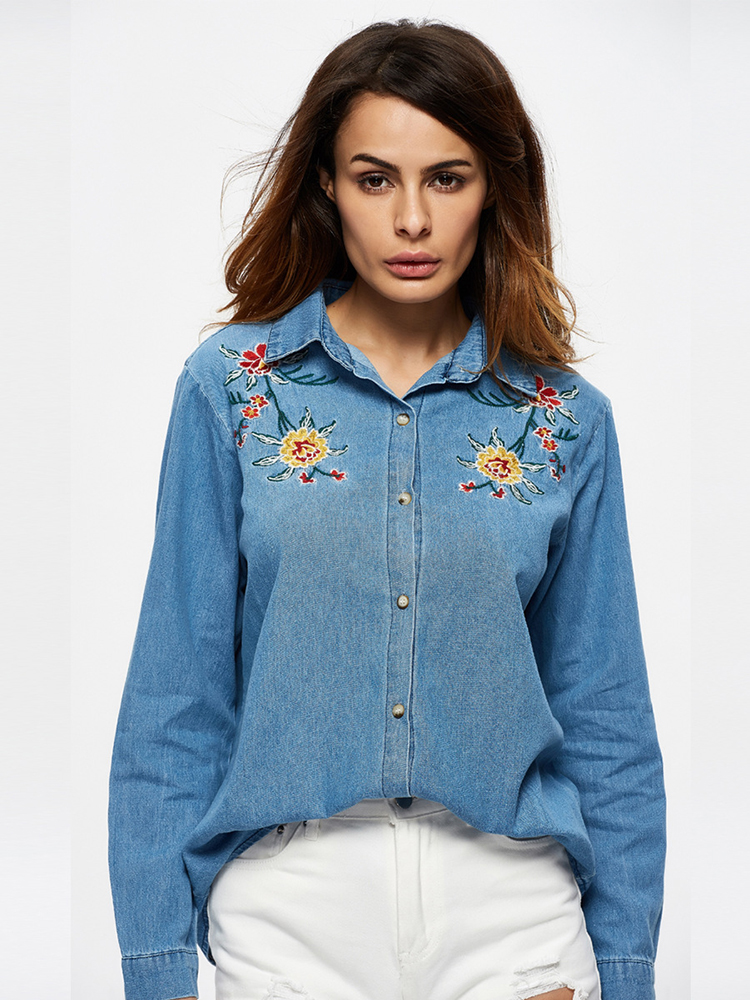 Daily Cupon Site: Casual Embroidery Long Sleeve Lapel Denim Shirt For Women