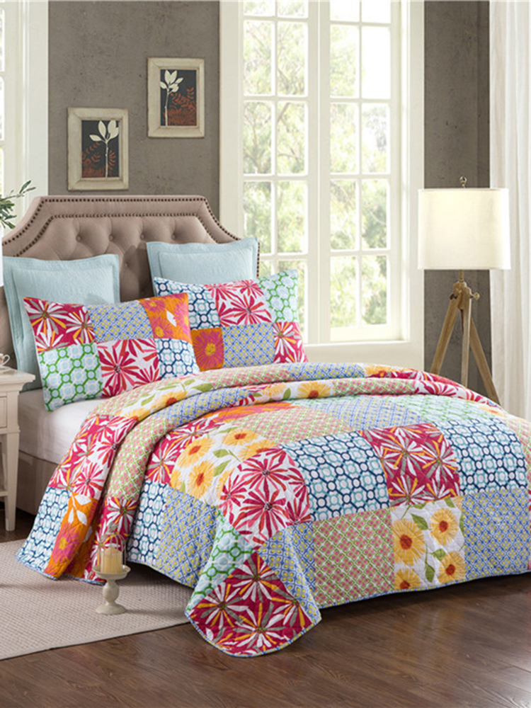 Bilde av 3Pcs Bed Set Cotton Plain Weave Handmade Patchwork Air Condition Quilt Bed Cover