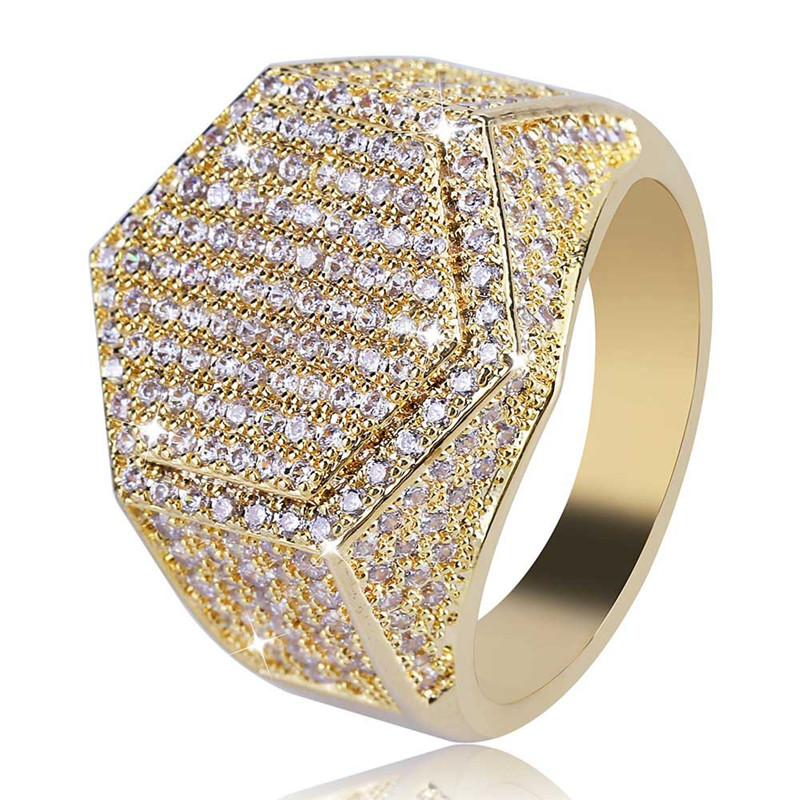 Bague en or Hex Hop Hexagon avec des anneaux en or Micro Zircon pour les hommes