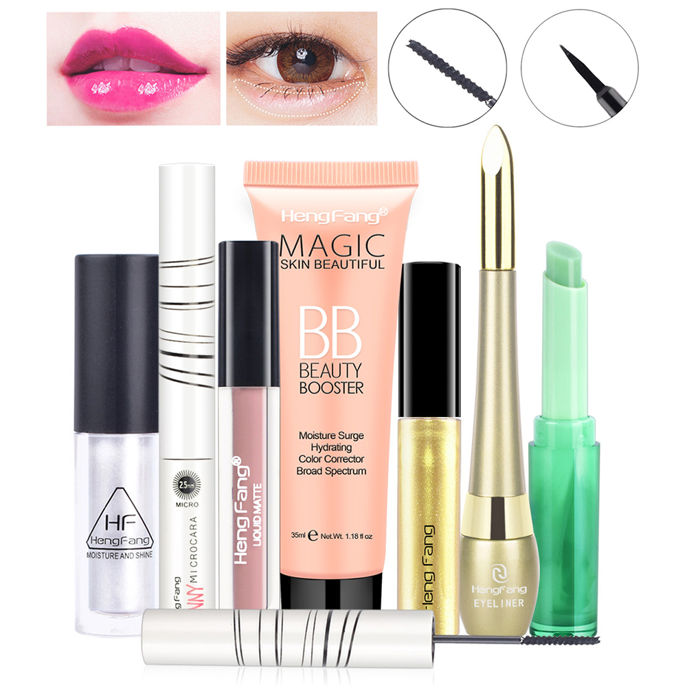 7 Pcs Rouge À Levres Maquillage Ensemble Durable Lip Gloss Mascara Eyeliner BB Creme Kit Impermeable a l'eau Maquillage Kit