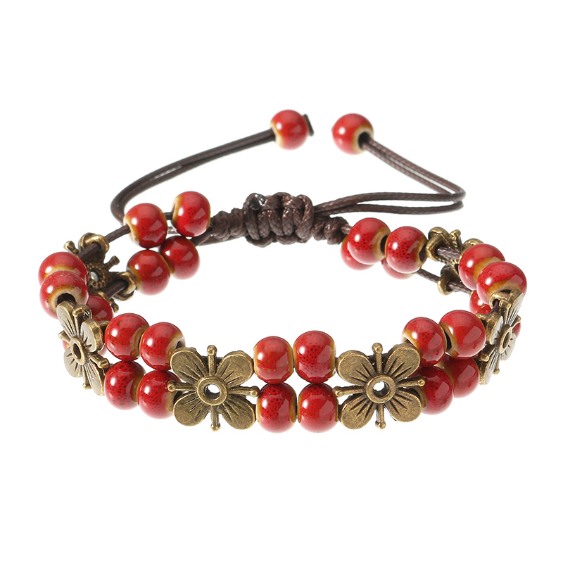 Bracelet Ethnique En Corde Avec Perles Ceramiques Et Fleurs En Alliage Pour Femme