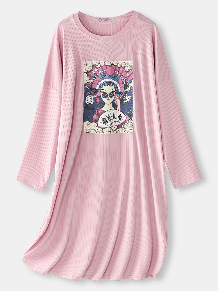 Plus Größe Damen National Style Grafikdruck Gerippte Drop Shoulder Nightdress Pyjamas