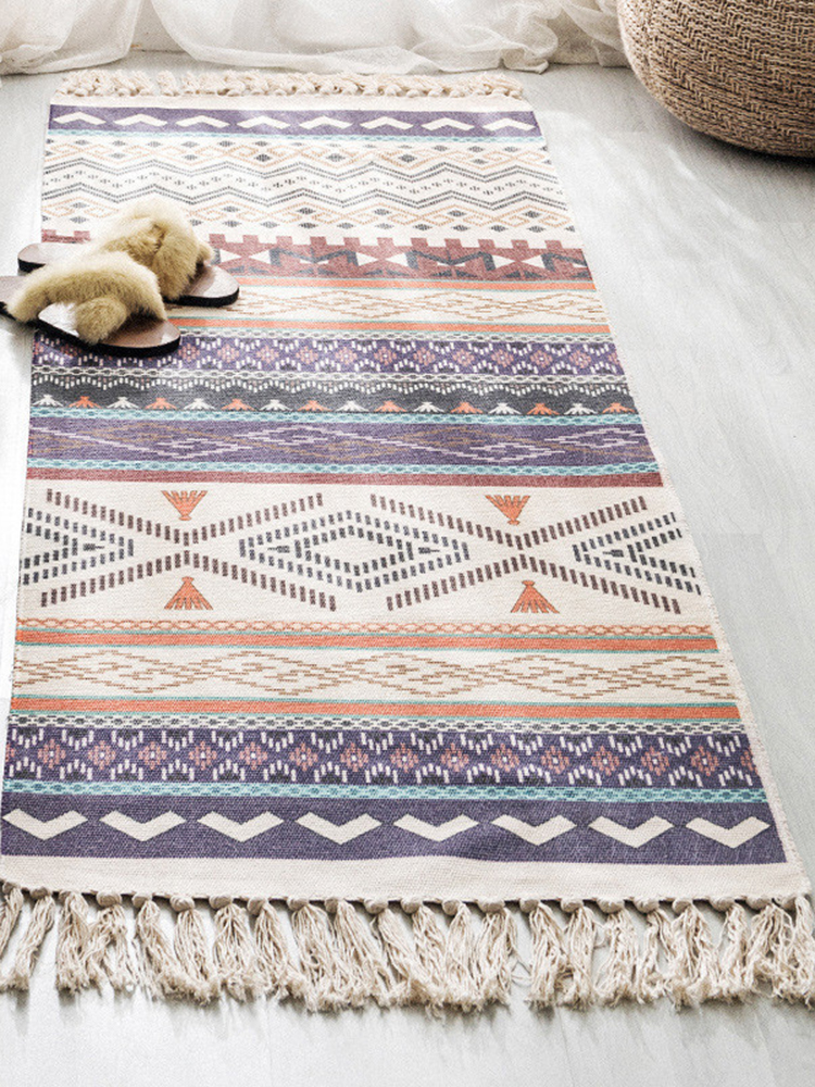 Rétro bohème main gland tissé coton lin tapis chevet tapis géométrique tapis de sol Long tapis couvre-lit tapisserie décoration de la maison