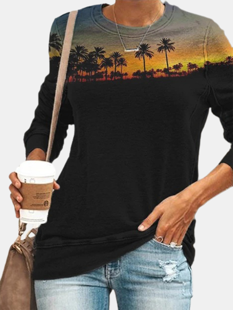 T-shirt casual Plus a maniche lunghe con stampa O-Collo Sunset Tresses