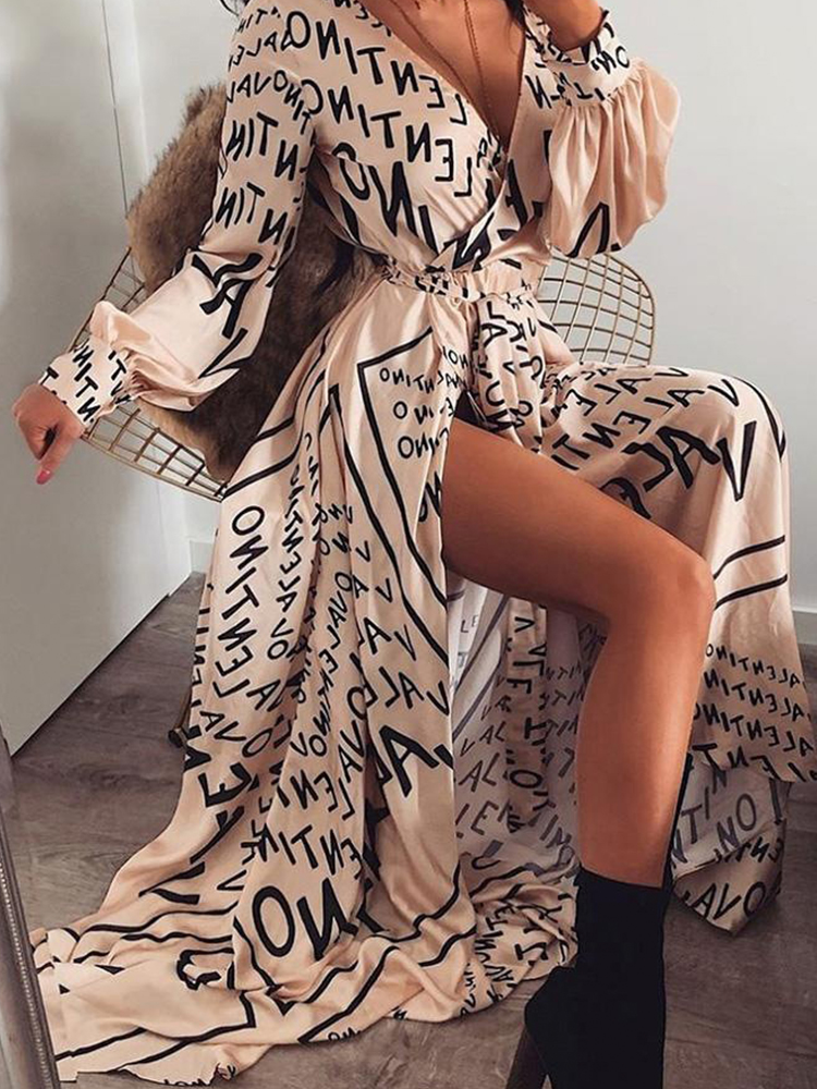 Sexy Letters Printing V-Ausschnitt Langarm Schnür Maxi Kleid