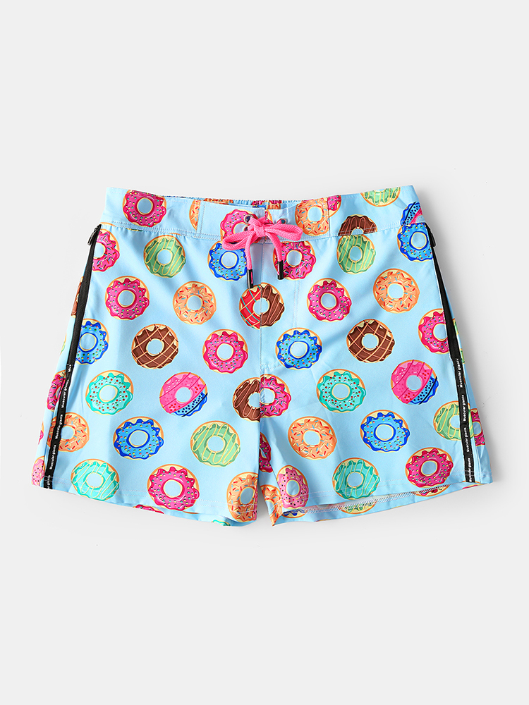 Lustige Donut Muster gedruckt Holiday Beach Shorts Reißverschluss Tasche Mesh-gefüttert gerade kurze Hosen