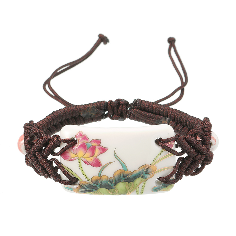 Bracelet Ethnique Retro En Corde Avec Fleur En Ceramique Pour Femme