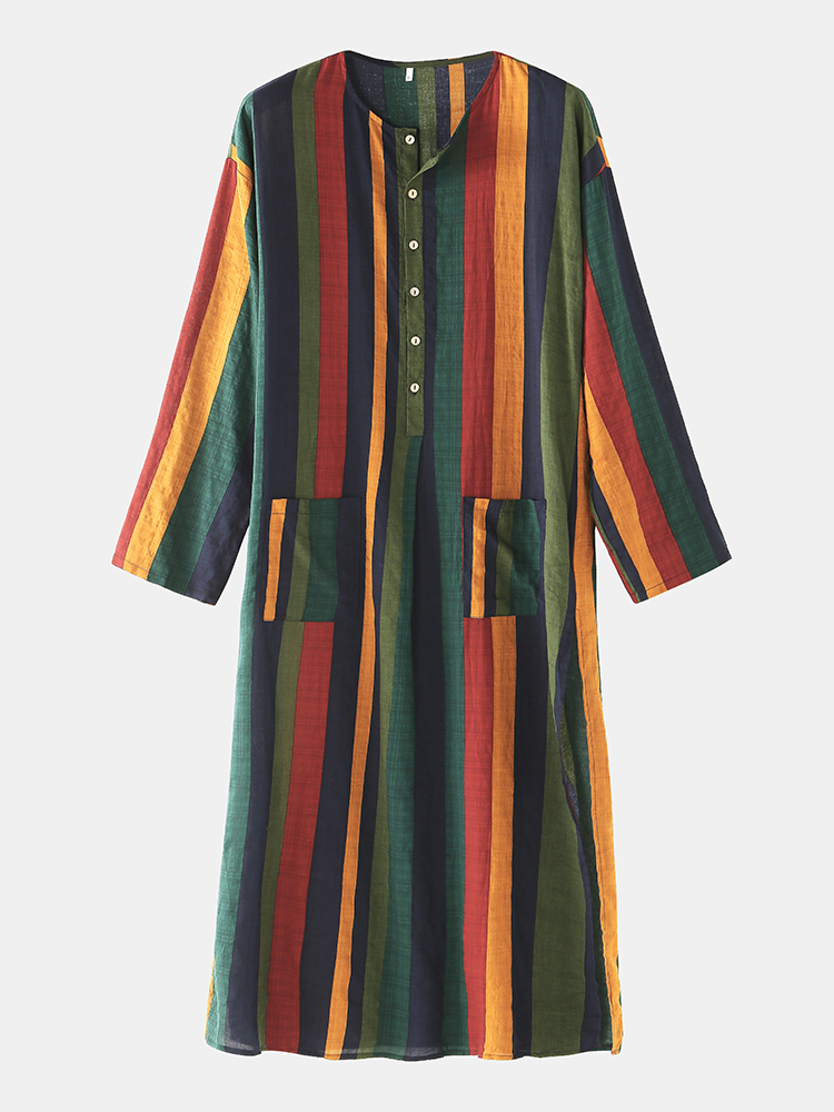Mehrfarbig gestreifte Baumwolle Leinen Langarm Dünne Schlitz Saum Design Lässige Roben mit Taillentaschen