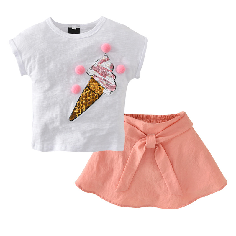 Mignon Enfants Filles Creme Glacee T-shirt Tops + Bow Jupe Toddler Vetements Set Pour 3Y-11Y