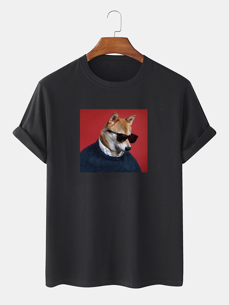 Herren Sonnenbrille Hundemuster Kurzarm 100% Baumwolle T-Shirts